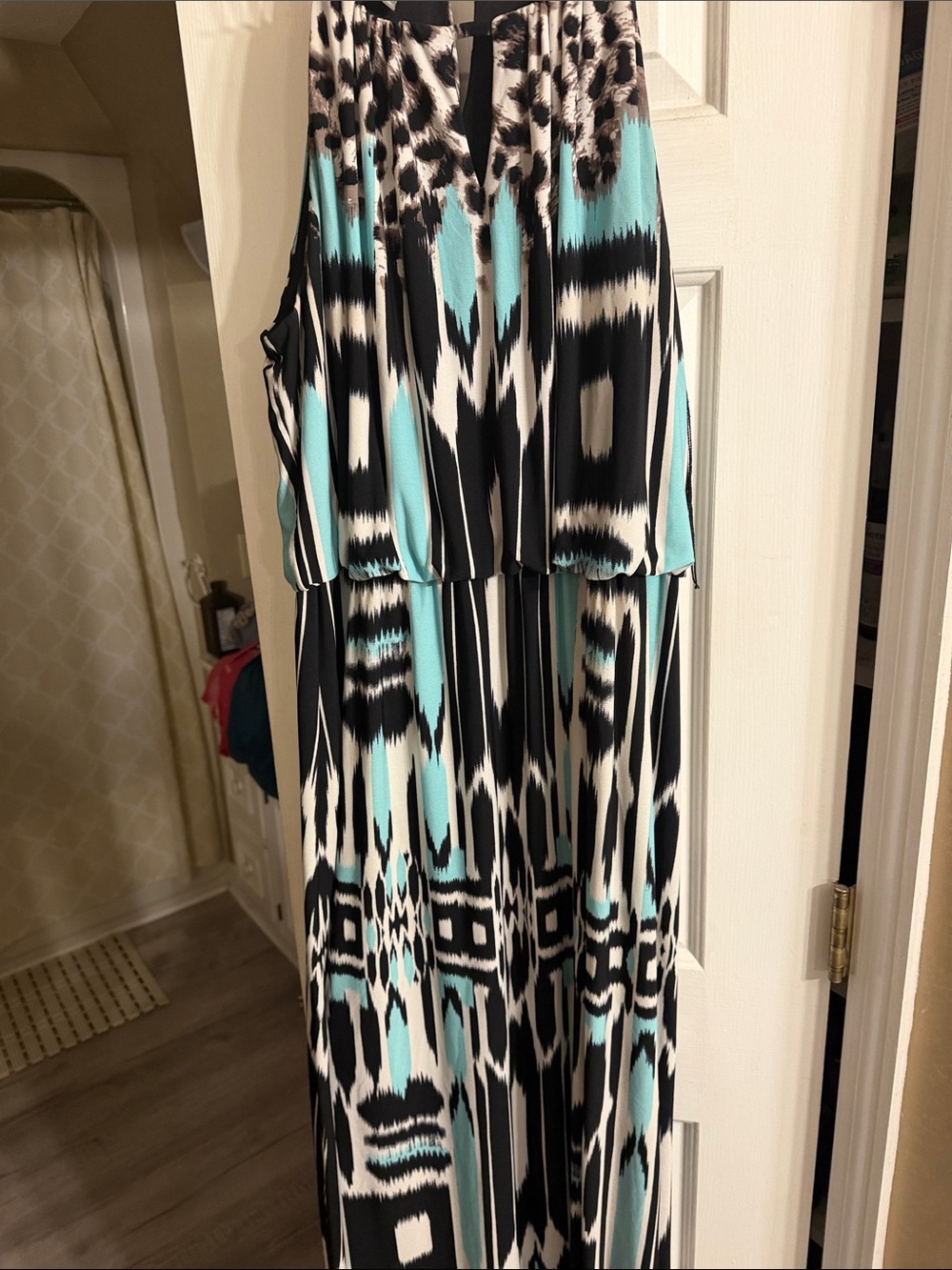 Roz & Ali Black, White and Aqua Patterned Maxi Dress